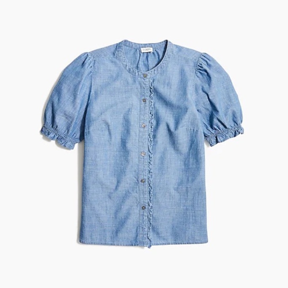 J Crew Chambray Puff Sleeve Ruffle Top Size Large